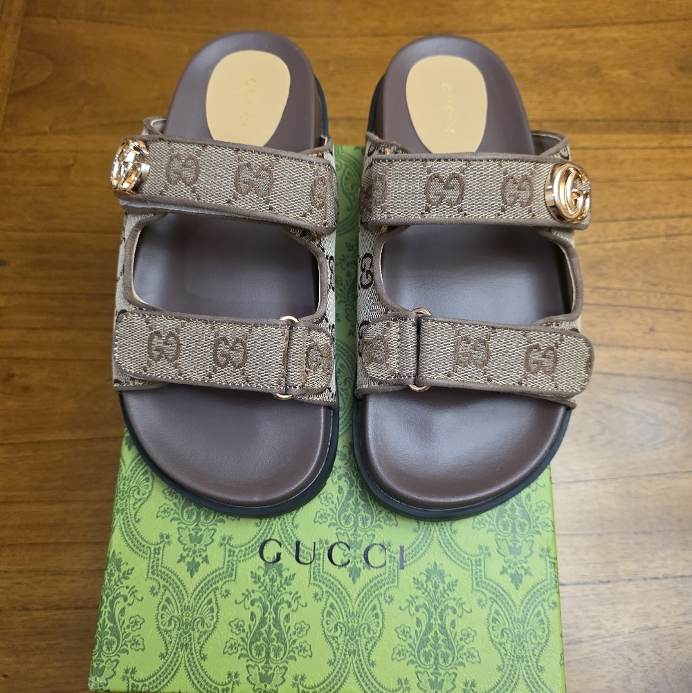Gucci Brown GG Canvas Double-Strap Slide Sandals with Gold Hardware (New)